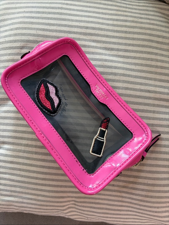 Victoria's Secret Accessories - Victoria's Secret Hot Pink Clear Cosmetic Pouch with Lip & Lipstick Appliqués